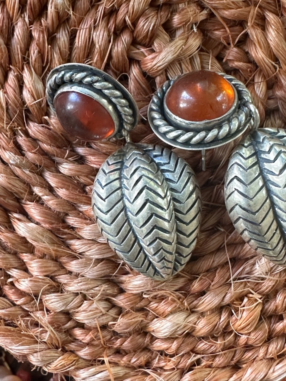 Sterling Silver Drop Earrings with Amber-Colored Cabochons
